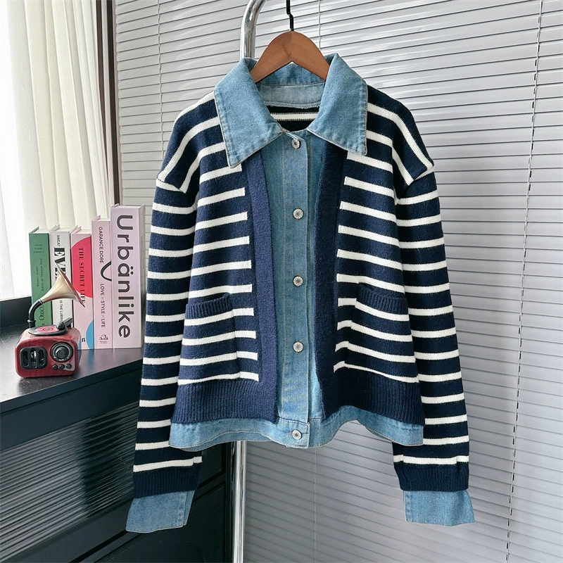 Европейский джинсовый свитер, женский осенне-зимний новый контрастный полосатый свободный вязаный кардиган в ленивом стиле