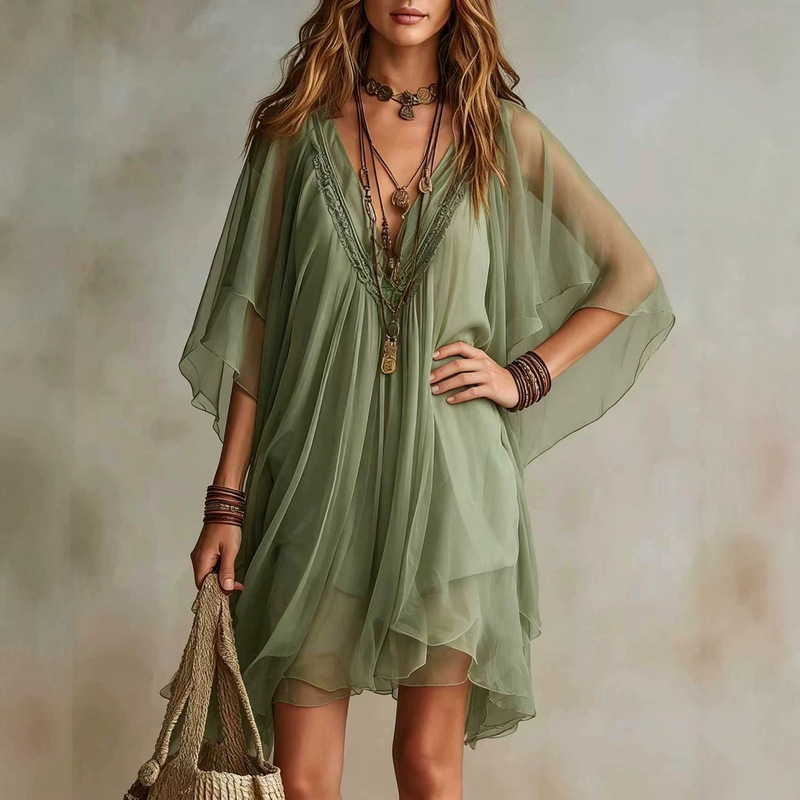 2026 New Summer Style European and American Women's Clothing V Neck Chiffon Dress Seaside Vacation Loose Blouse Beach Dress 2026 New Summer Style European and American Women's Clothing V Neck Chiffon Dress Seaside Vacation Loose Blouse Beach Dress