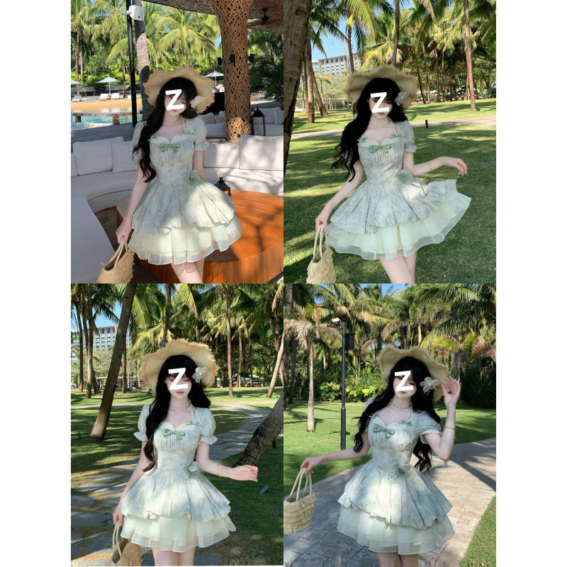 Blovelan Lime Ice Coconut Fresh Lace Puff Sleeve Jacquard Waist-Cinching Princess Puffy Dress for Girls