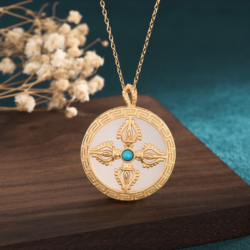 Internet celebrity live broadcast with goods ancient gold-plated Nepal style cross vajra pendant imitation Hetian jade amulet necklace