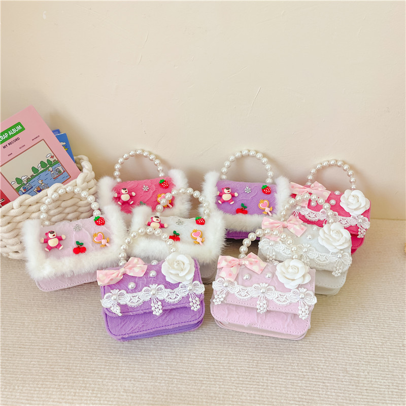 Bolso de princesa de las niñas al por mayor estilo coreano perla bolso peludo estilo Chanel hombro mensajero bolsa accesorios monedero