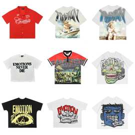 跨境欧美潮牌复古印花烫钻花色半袖高街潮流宽松休闲男款短袖T恤