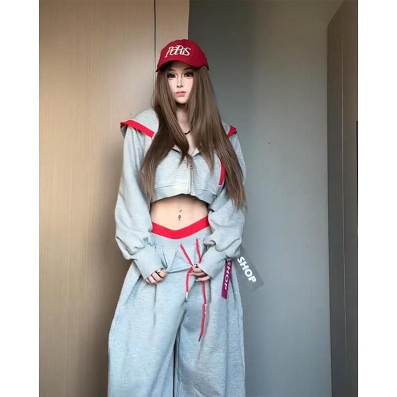 美式辣妹风高级卫衣连帽睡衣女早秋新款松弛感拼接休闲家居服套装|undefined