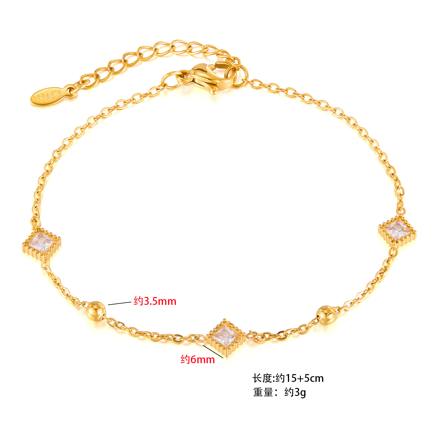 Titanium Steel Non-Fading Square Zircon Bracelet for Women, Exquisite and Simple Jewelry, Japanese and Korean New Versatile Hand Jewelry Niche Design