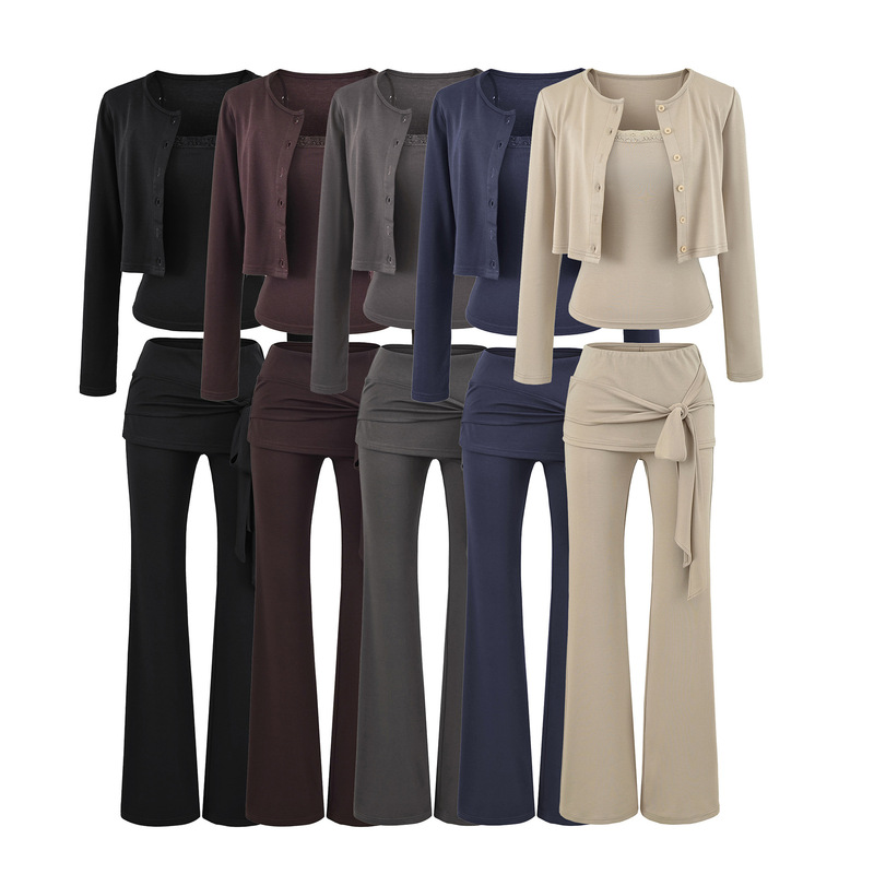 Korean-style slim-fit high-end knitted casual suit for women, including a camisole, cardigan, high-waisted tie-up skirt-pants, and long pants three-piece set Korean-style slim-fit high-end knitted casual suit for women, including a camisole, cardigan, high-waisted tie-up skirt-pants, and long pants three-piece set