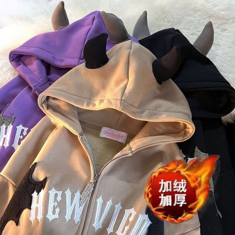 Couple's Small Devil Horn Hooded Loose fleece-lined Sweatshirt Coat Winter Niche Design Sense Wear Instagram Top
