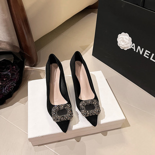 Temperament professional women's shoes black suede 2023 new high heels women's thin heel pointed French versatile mid-heel single shoes