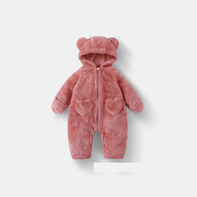 婴儿毛绒连体衣宝宝秋冬保暖小熊连帽哈衣儿童连体睡衣外加绒罩衣