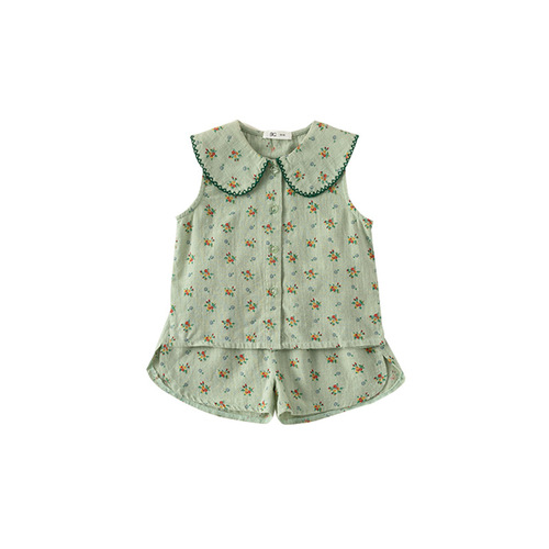 INSbobo girls casual all-over printed small floral green suit 2024 summer children's suit DXT7237