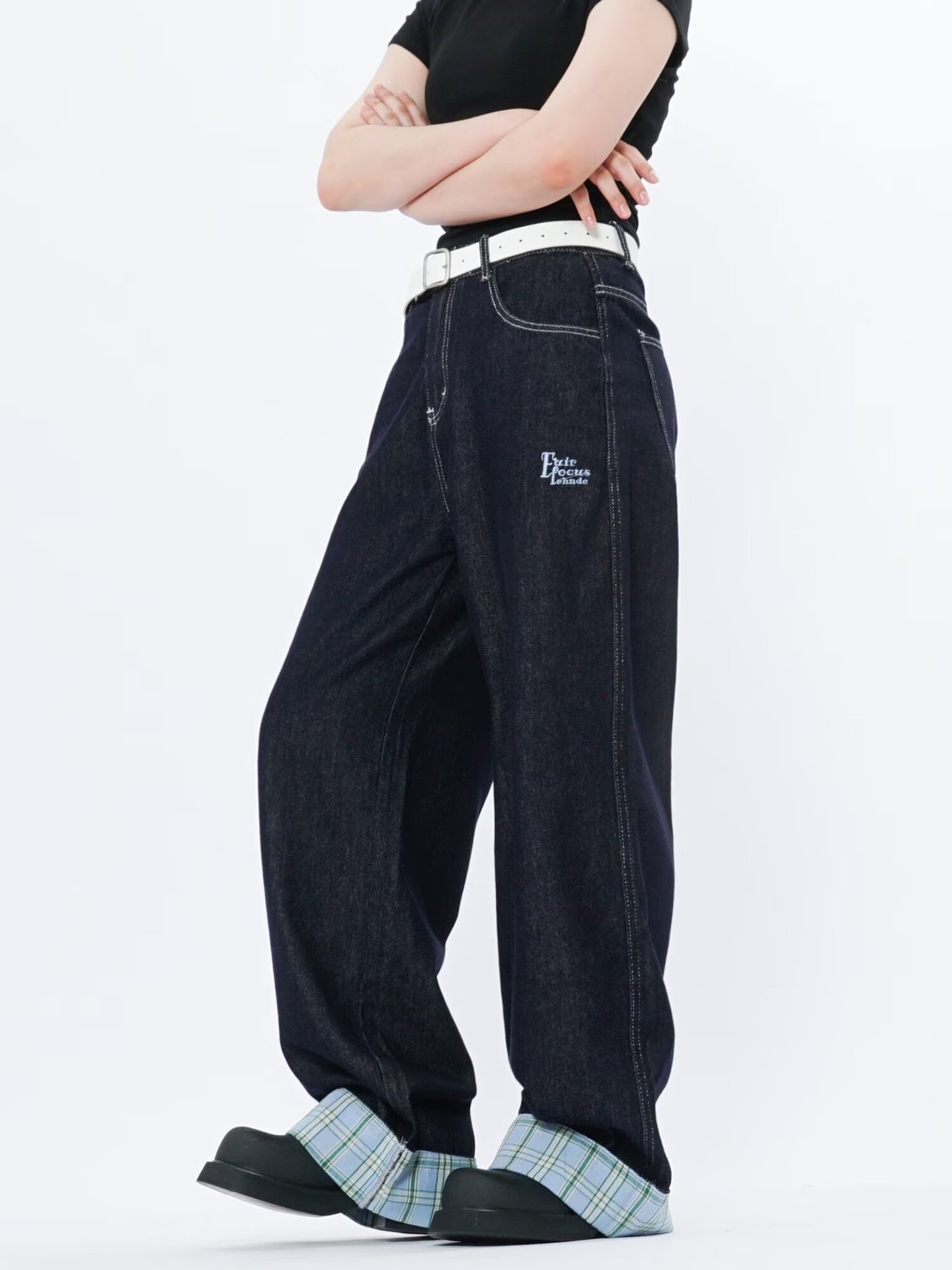 American Style Straight-Leg Rolled Hem Jeans Men Women, Spring And Autumn New Loose Patchwork Plaid Blue Pants For Men,_mkmklike.com