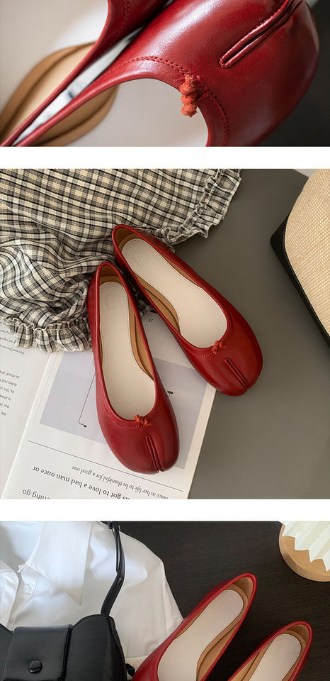 Giày búp bê nữ da bò mũi tách ngón đế bệt kiểu giày lười — Bạc vân nứt, hàng có sẵn, Hàng có sẵn màu trắng, Hàng có sẵn màu đỏ, Màu nâu, hàng có sẵn chi tiết 11