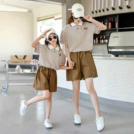 网红炸街亲子装2023夏季新款洋气短袖条纹母女装短裤休闲套装时髦