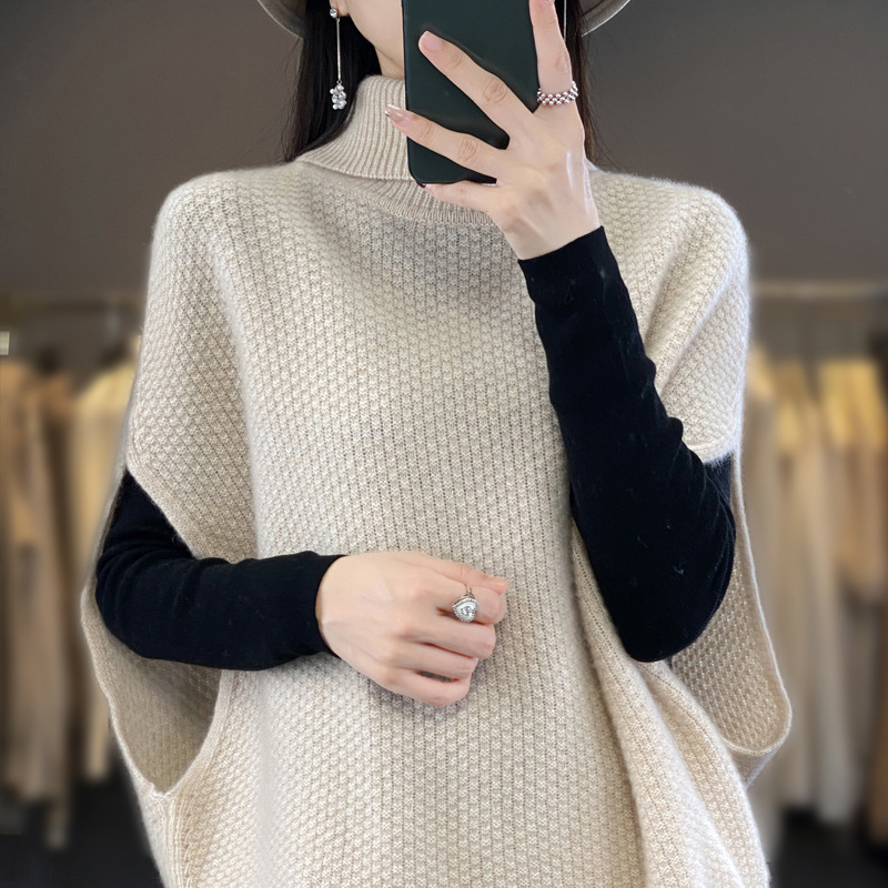 Knitted Vest, Solid Color, Autumn and Winter New Style 2025 Women's Outerwear, Stylish Waistcoat, High-Neck Batwing Sleeve Sweater