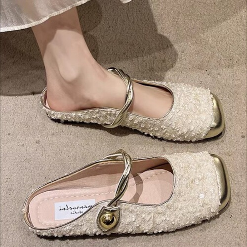 Flat Heel Closed Toe Mary Jane Sandals Women's Sequin Lazy Casual Sandals Matching Skirt Half Slippers