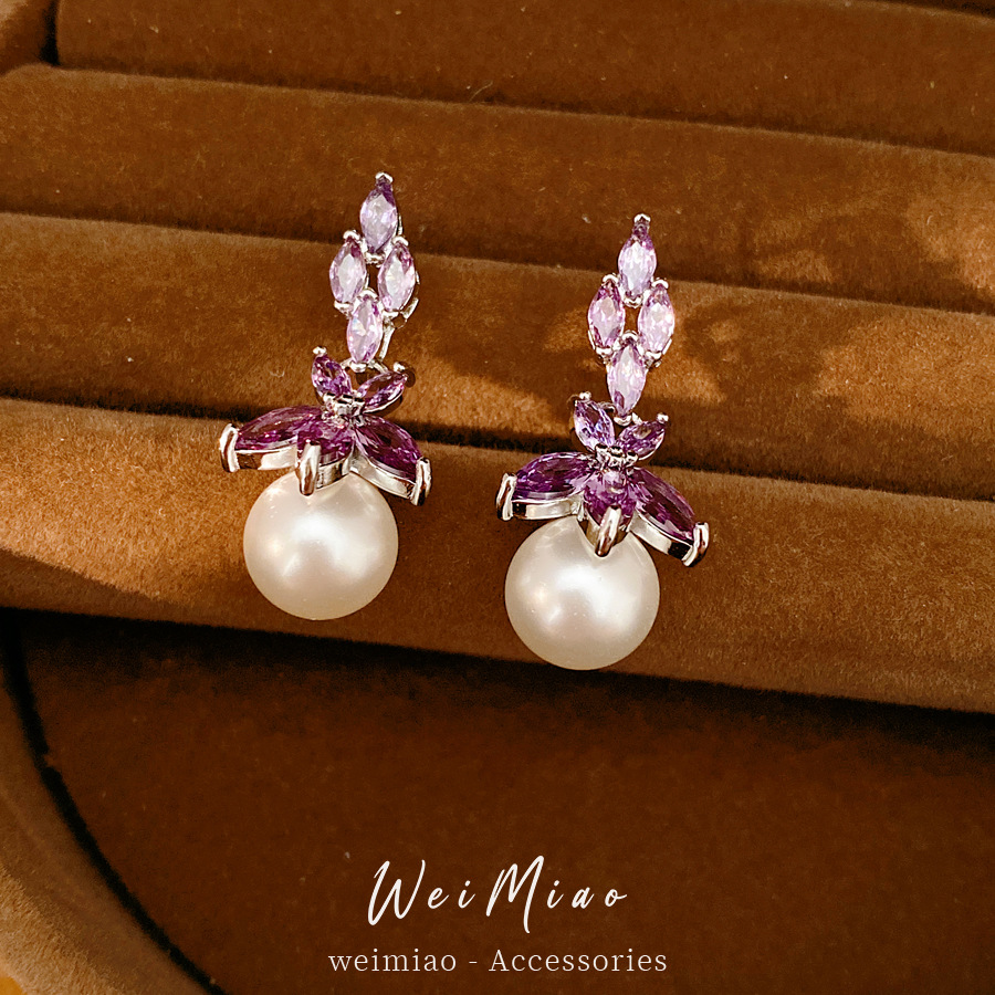 Agujas de plata, flores, perlas, perlas, temperamento diario, pendientes de aretes de lujo ligero, pendientes de alta calidad, al por mayor.