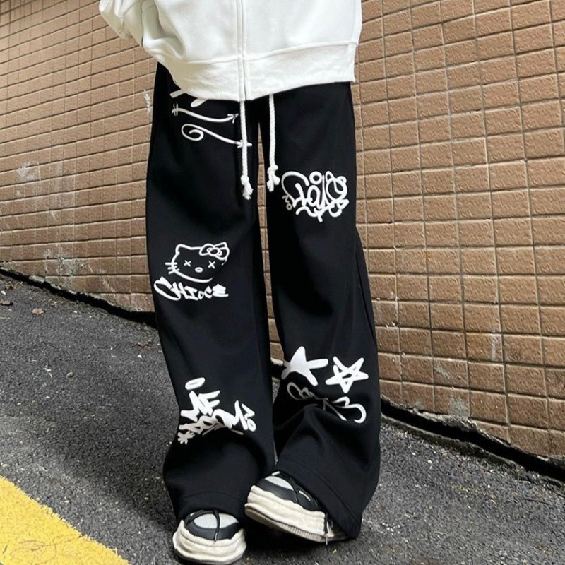 American-style Hello Kitty Print Casual Pants Women's Autumn and Winter Loose Retro Graffiti Straight Hip-hop Sports Pants Ins Trendy American-style Hello Kitty Print Casual Pants Women's Autumn and Winter Loose Retro Graffiti Straight Hip-hop Sports Pants Ins Trendy