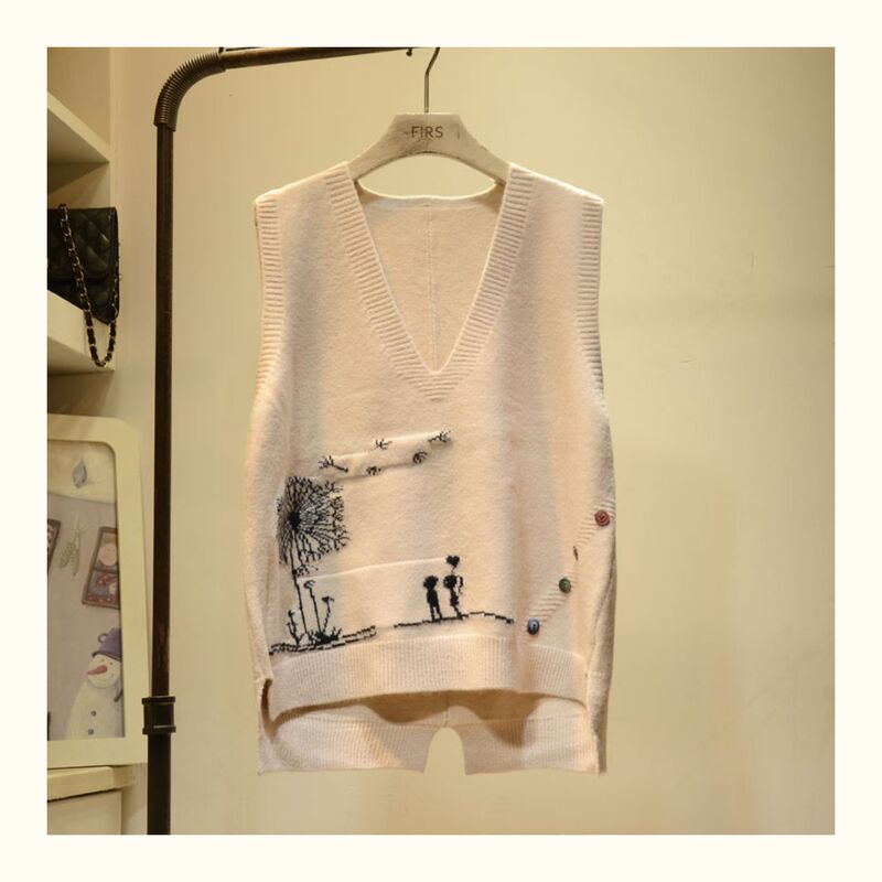 Autumn New Style V-Neck Knitted Vest for Women, Artistic Casual Loose Sleeveless Cardigan, Women's Base Sweater