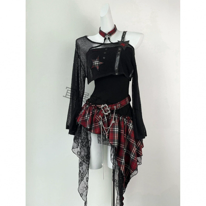 千禧辣妹黑色罩衫不规则连衣裙套装甜辣小众设计感收腰显瘦两件套