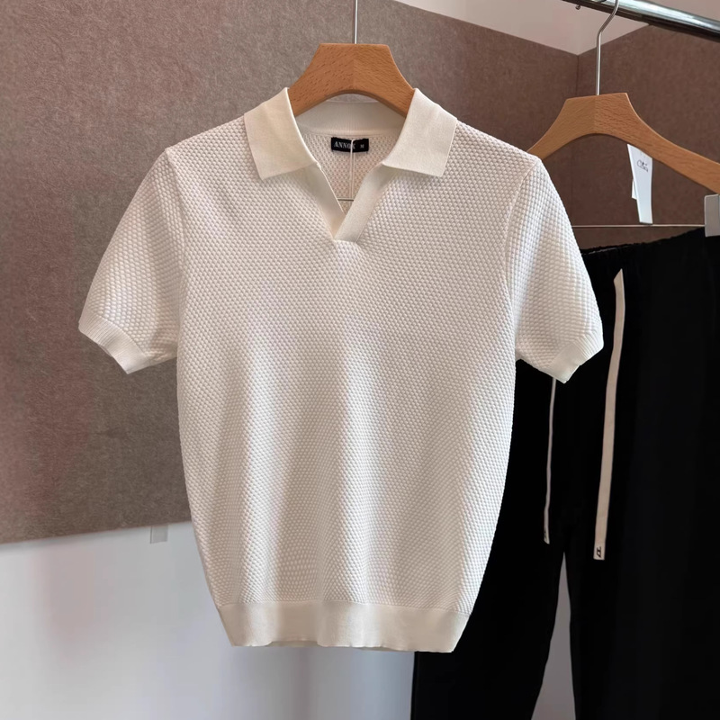 Summer Men's Short-Sleeved Knitwear V-Neck Jacquard Ice Silk Knitwear Short-Sleeved Breathable Cool-Feeling High-Elastic Casual Top Summer Men's Short-Sleeved Knitwear V-Neck Jacquard Ice Silk Knitwear Short-Sleeved Breathable Cool-Feeling High-Elastic Casual Top