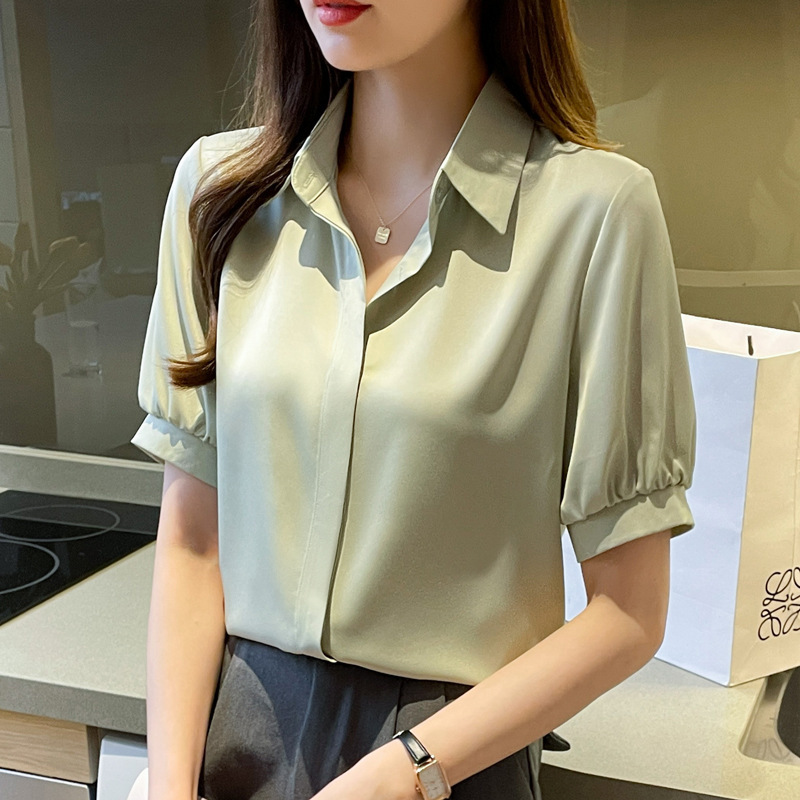 Authentic High-End Women's Tops and Shirts, Summer Style Silk Hidden Button Lapels, Slim and Versatile Short-Sleeved Women's Shirts
