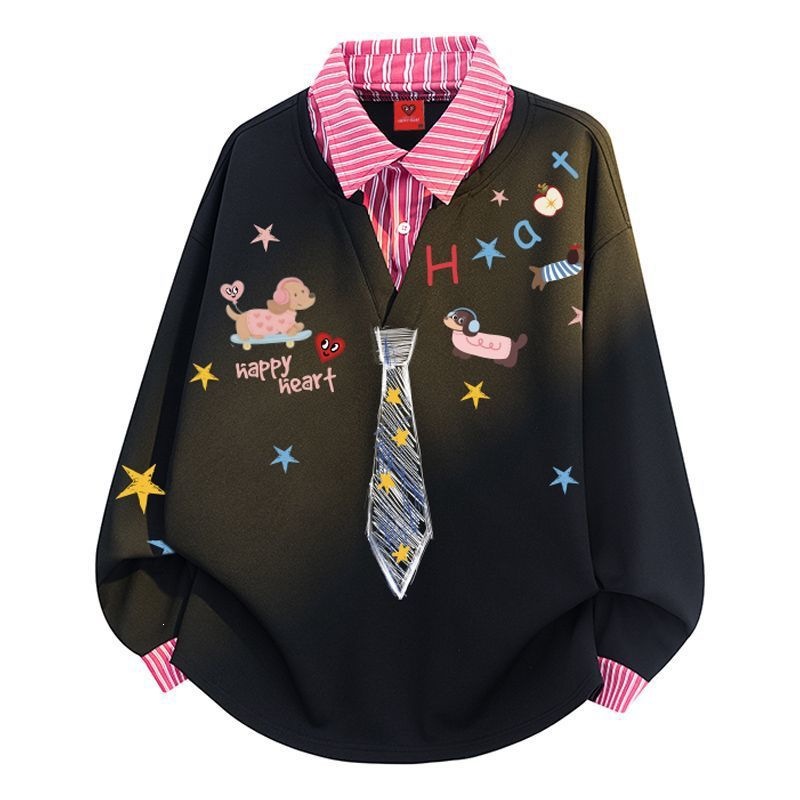 Faux two-piece shirt collar graffiti tie print sweatshirt for men and women, 2025 autumn and winter, plus size loose long-sleeved cotton top