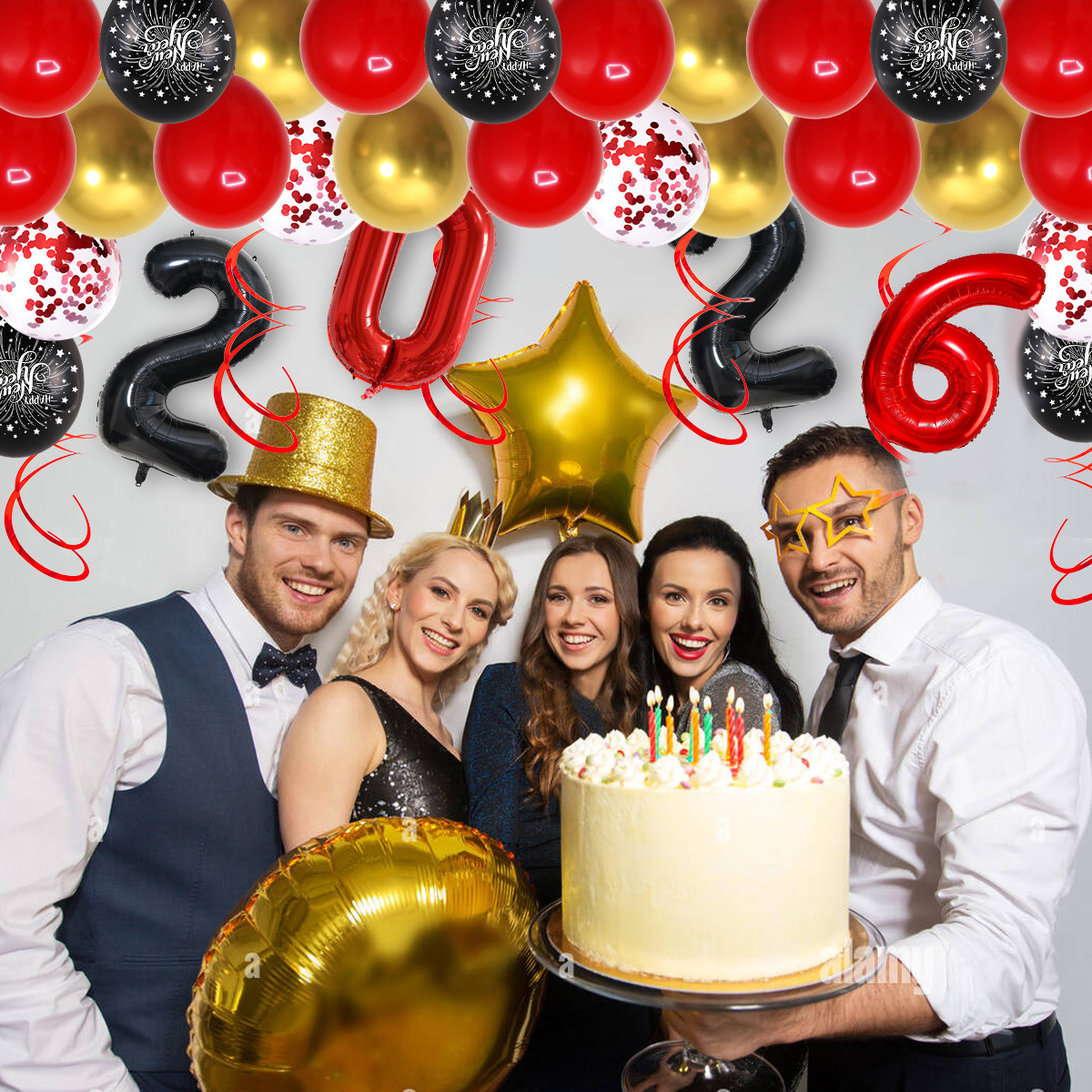 Traje de cadena de globos de Año Nuevo transfronterizo decoración de vacaciones diseño de ambiente feliz año nuevo Bandera de Año Nuevo