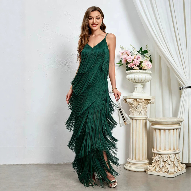 European and American Cross-Border Foreign Trade New Women's Clothing Sleeveless Sexy Party Suspender Long Dress New Evening Tassel Dress European and American Cross-Border Foreign Trade New Women's Clothing Sleeveless Sexy Party Suspender Long Dress New Evening Tassel Dress