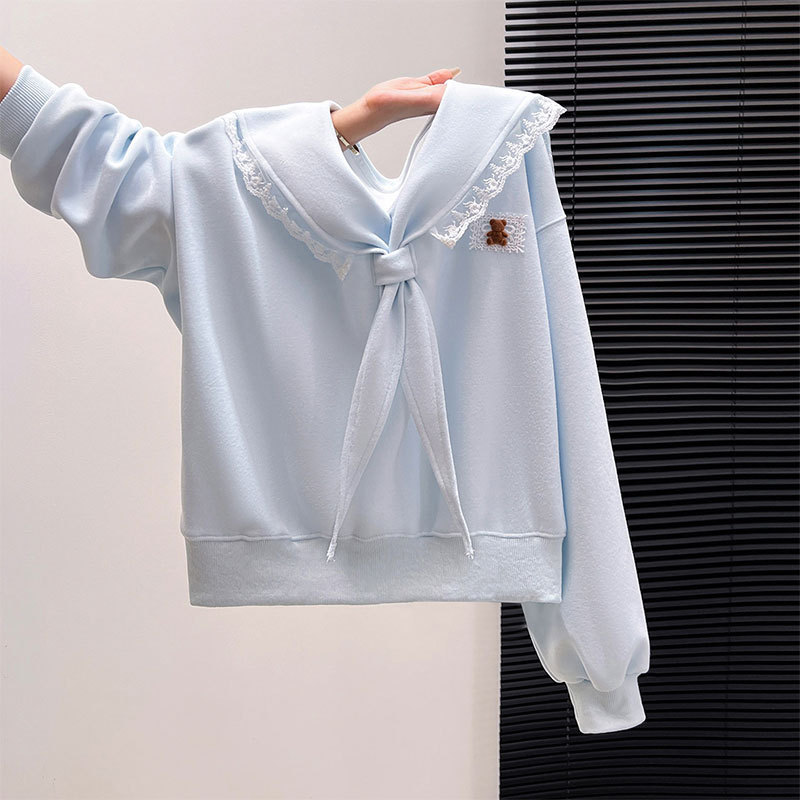 Navy collar lace trim long-sleeve cropped sweatshirt for women, early autumn, loose and stylish top for middle and high school students Navy collar lace trim long-sleeve cropped sweatshirt for women, early autumn, loose and stylish top for middle and high school students