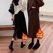 2025年冬加绒加厚毛呢半身高腰显瘦开叉百搭黑色遮胯a字包臀裙子