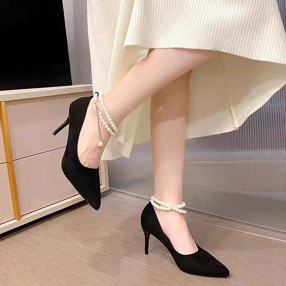 Pointed Toe Pumps 2024 New Model Pearl Suede High-End Fairy Black Thin Heel Non-Slip Strap High Heels For Women_voghion.com