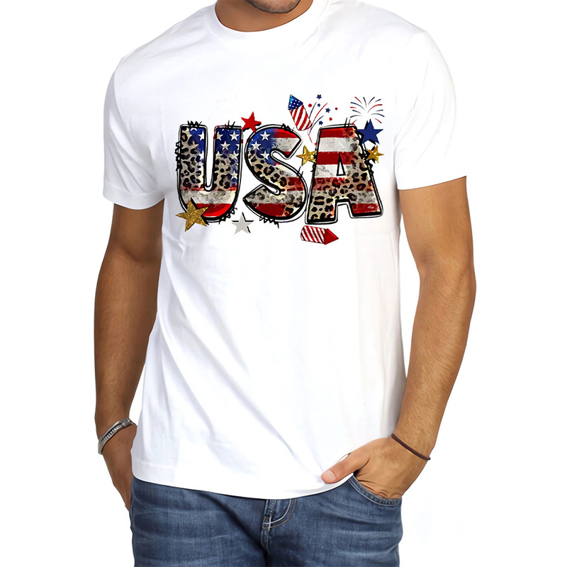 Fashion Cotton T-shirt Independence Day American Retro Stripe Printed T-shirt Men and Women Short Sleeve Shirt Hip Hop Casual