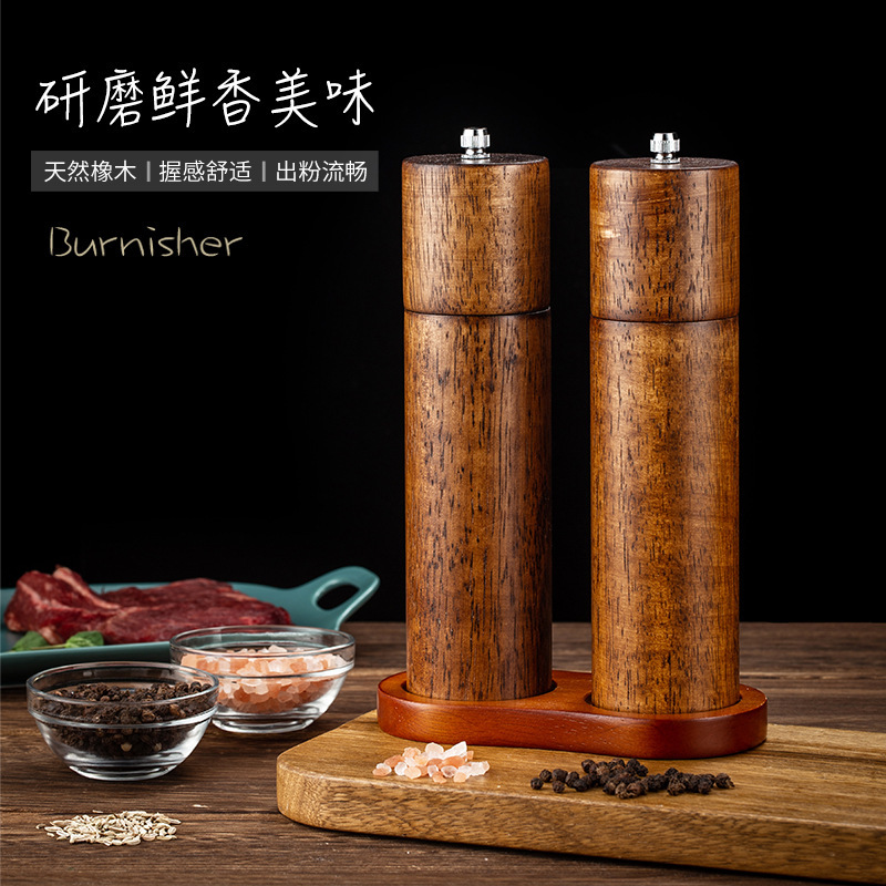 オーク円柱形胡椒研磨器キッチン木製黒胡椒海塩研磨瓶家庭用手動胡椒ミル|undefined