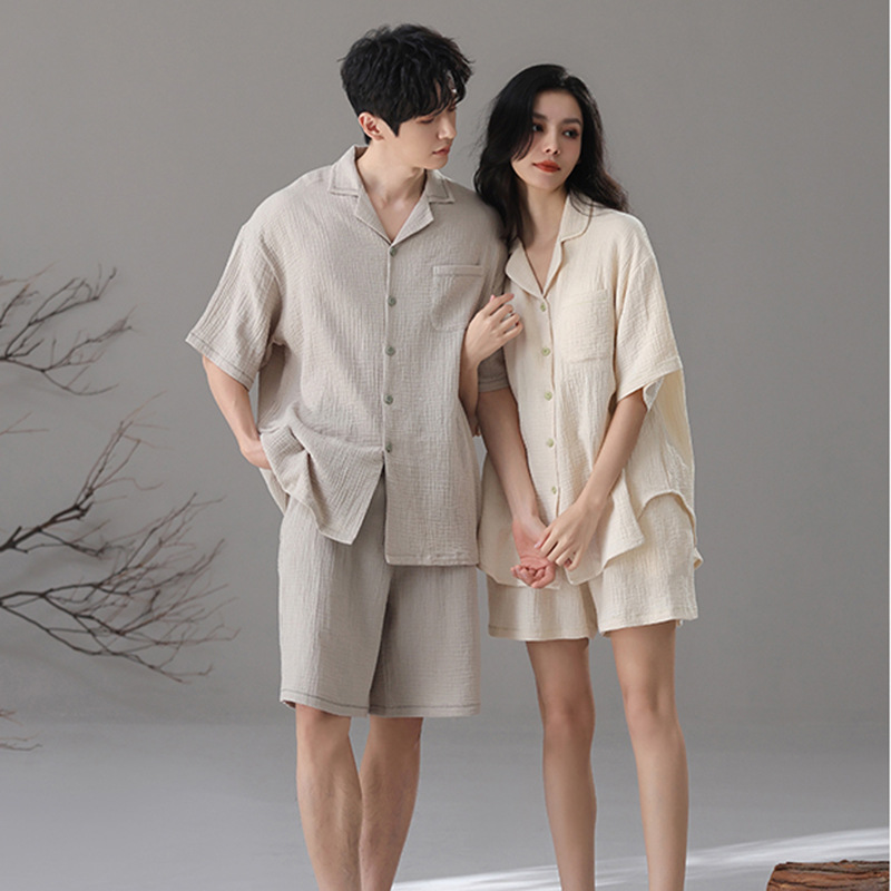 봄과 여름 항균 이중층 원사 의류 파자마 커플 반소매 면 파자마 카디건 7A 면 홈 의류 세트