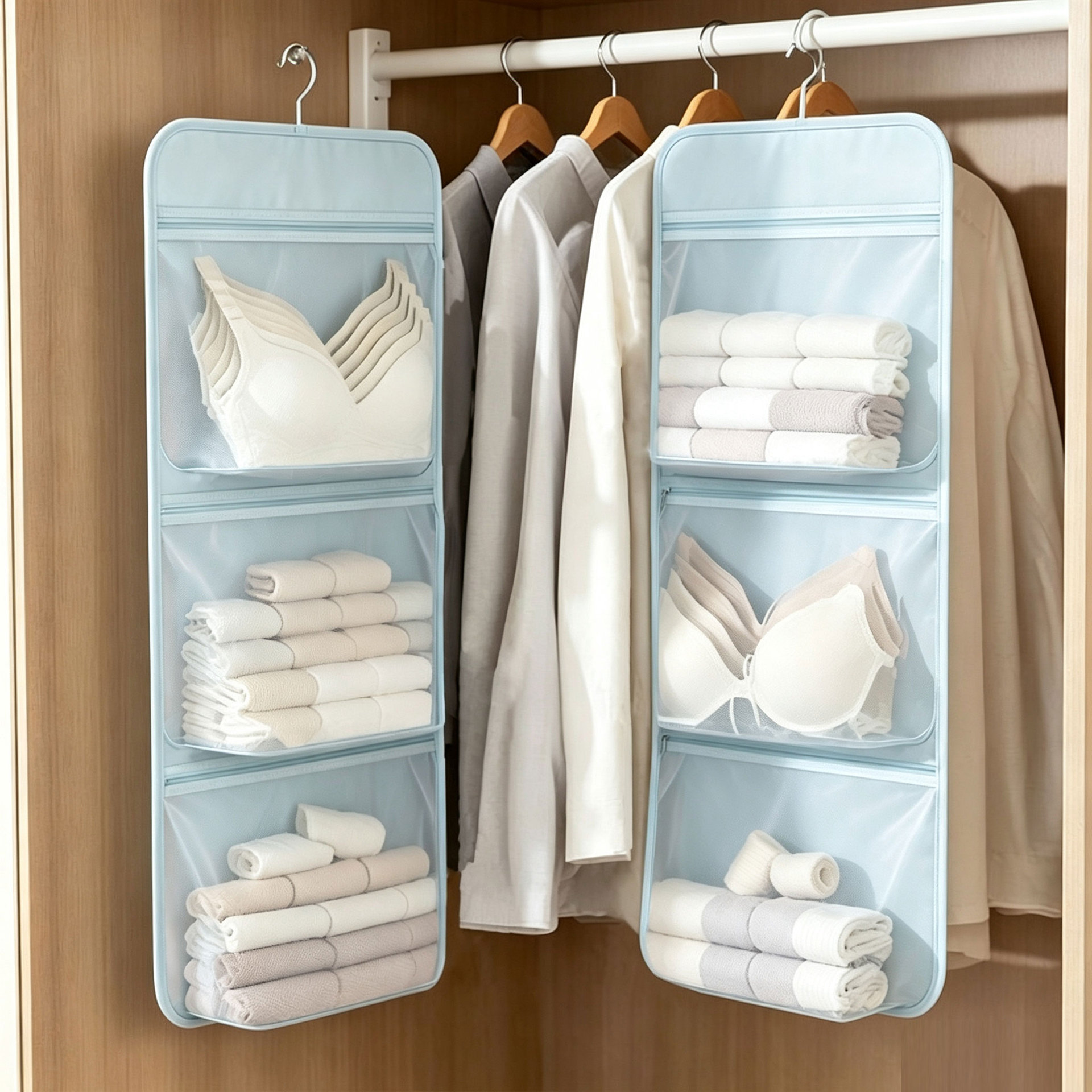 Zippered square underwear storage bag, hanging on the wardrobe wall, for organizing socks and underwear in separate compartments, a dormitory essential