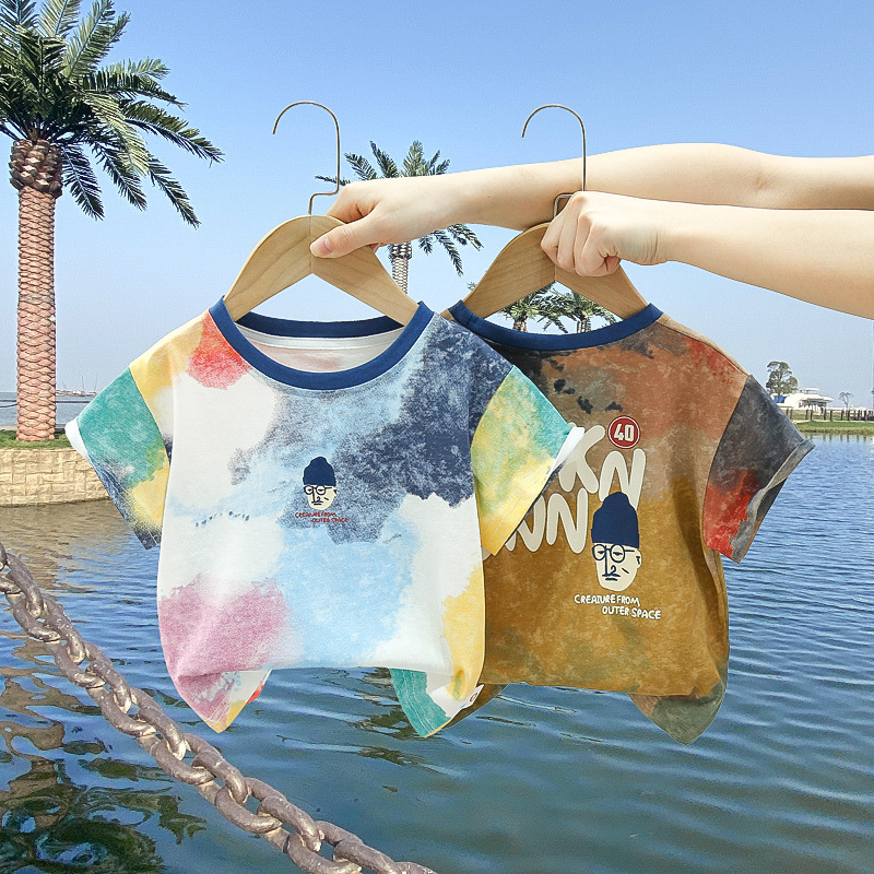 7832 Camiseta de manga corta de verano para niños Nueva versión coreana de la blusa de media manga de teñido anudado para bebés