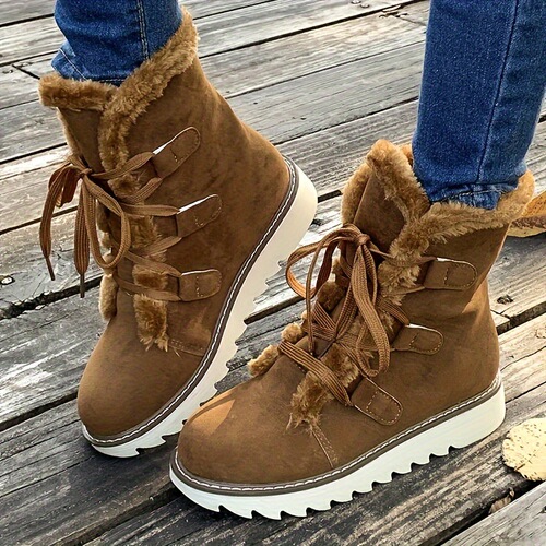 Women's Plush Lined Snow Boots, Solid Color, Lace-Up, Outdoor