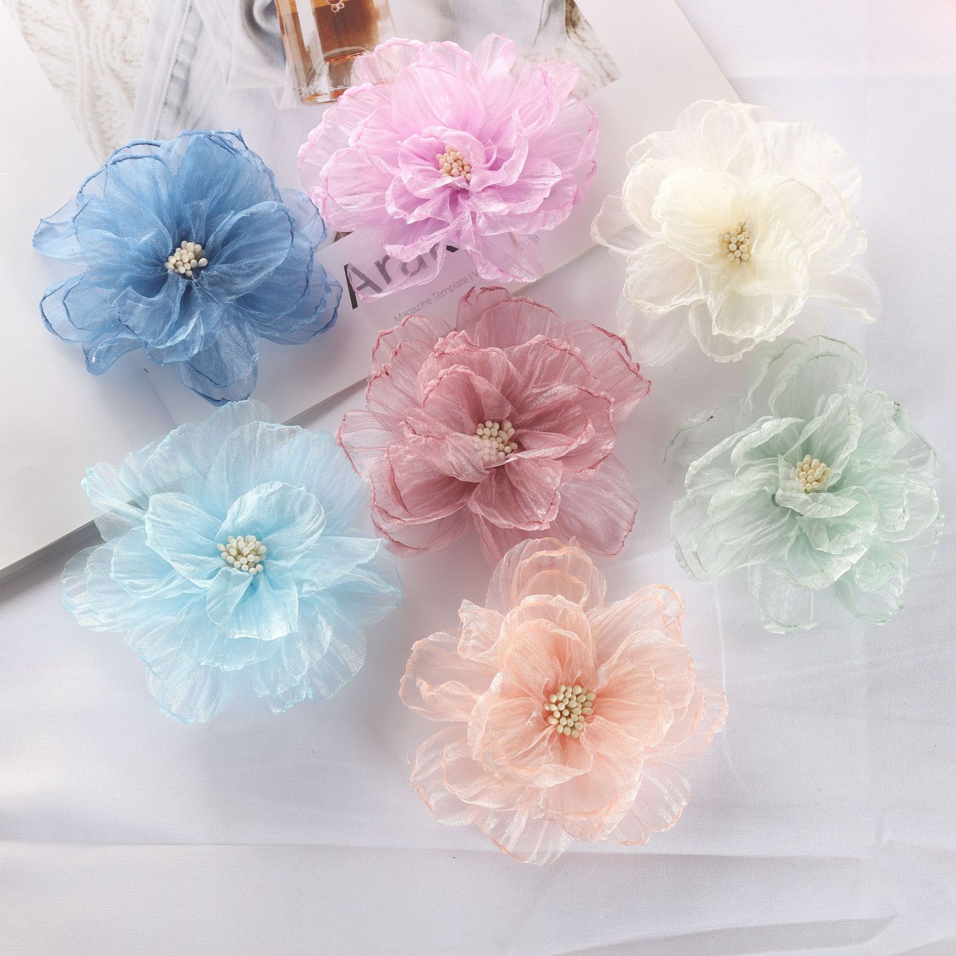 9cm仿真花紗花皺皺紗燒邊盤花火柴頭手工花朵花頭裝飾花配件胸花