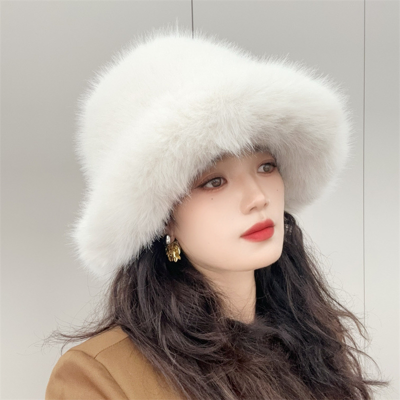 Luxury Faux Fox Fur Winter Bucket Hat – Wide Brim Punk Style Fashionable Unisex Cap For Women & Men, Soft & Warm_voghion.com