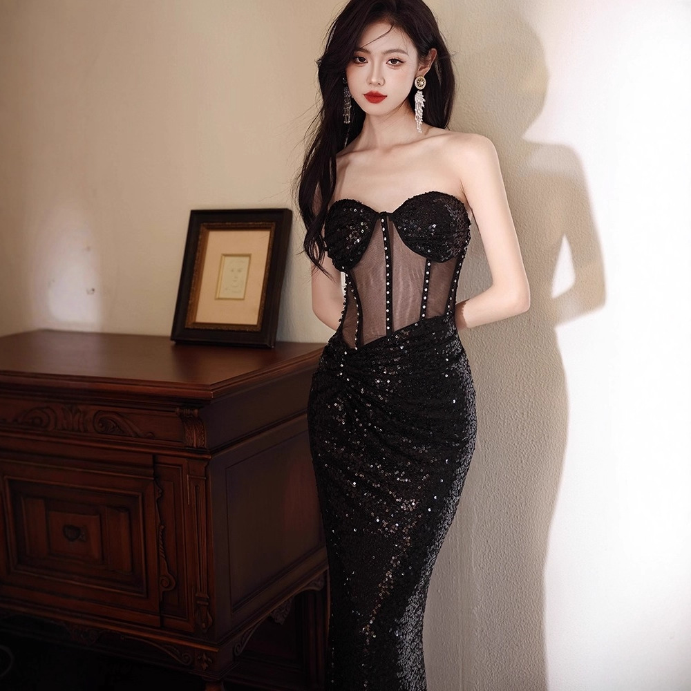 New Sexy Black Suspender Evening Dress, Slim New Elegant Dress, Celebrity Banquet Sequined Long Dress