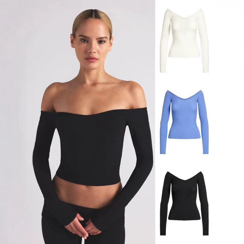 Skims Soft Lounge Off the Shoulder Top Ribbed Off-Shoulder Long-Sleeve T-Shirt Top