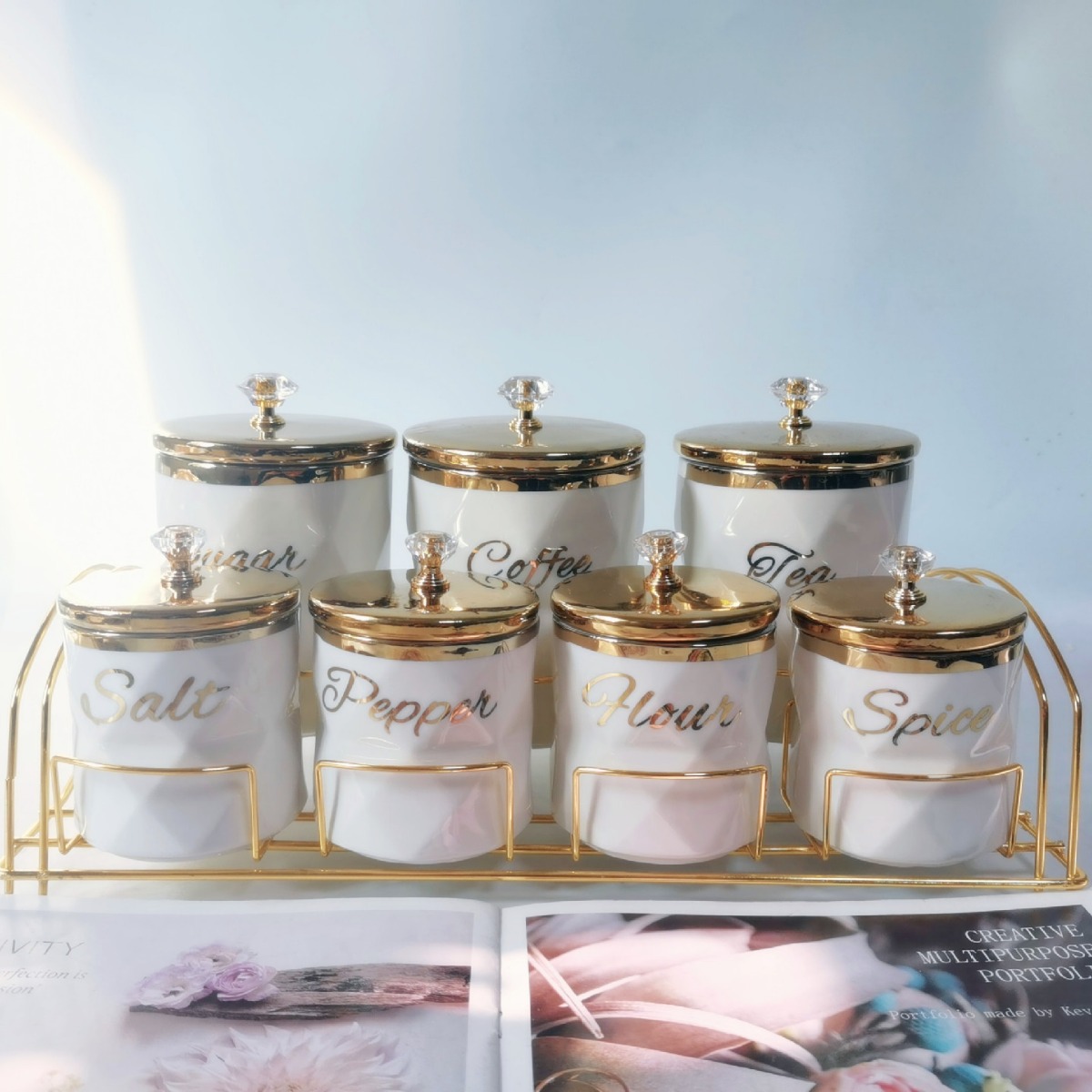 Venta directa de fábrica exportación transfronteriza tarro de condimento de cerámica tarro de té en forma de diamante con accesorios de hierro forjado juego de tarro de almacenamiento