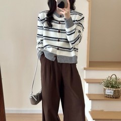 秋冬新款韩系撞色条纹宽松慵懒外套针织开衫上衣女高级感显瘦毛衣