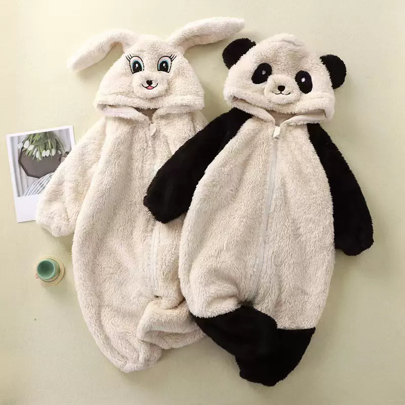 宝宝卡通小兔熊猫毛绒连体服婴幼儿可爱保暖衣小童连体家居服哈衣