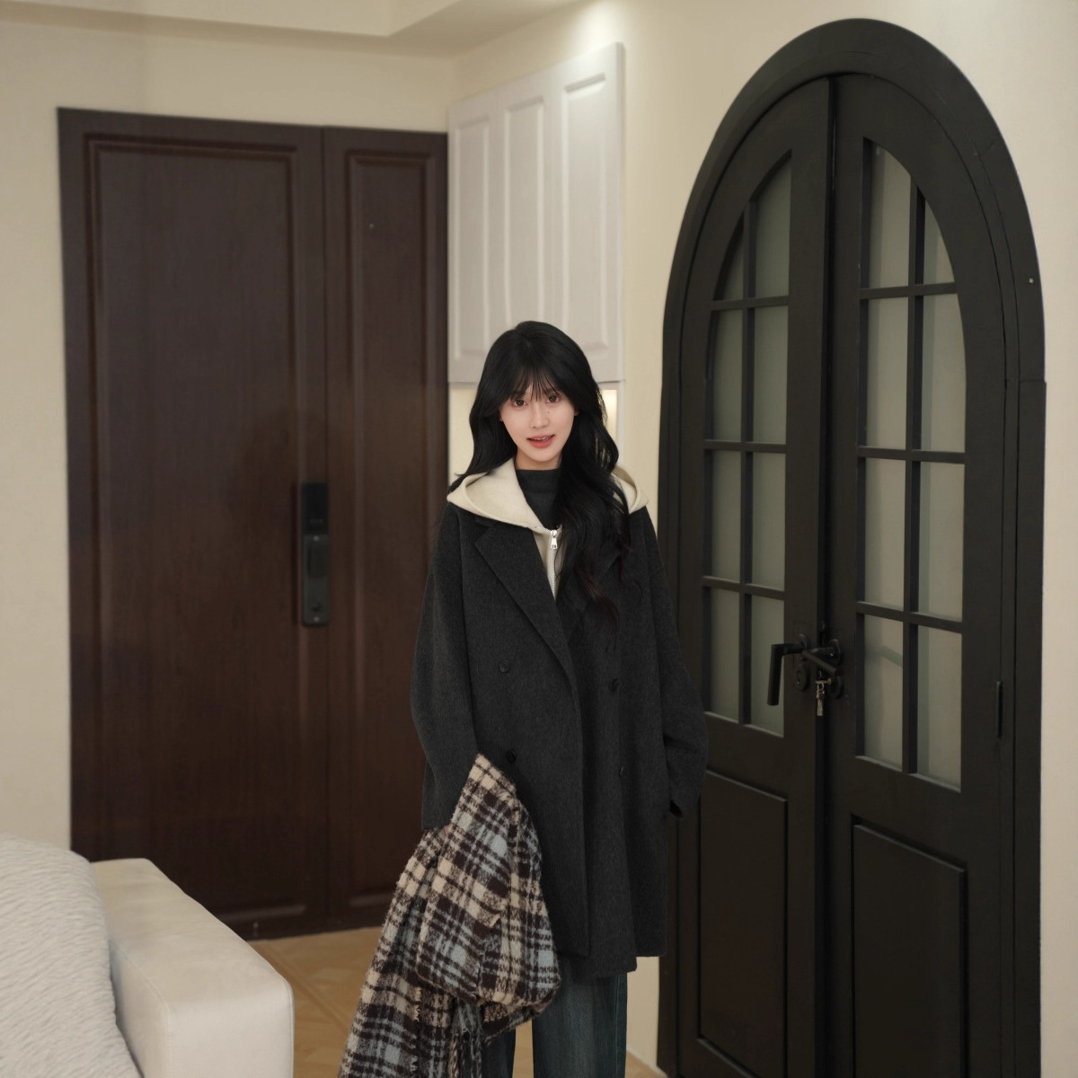 韩版气质羊毛大衣气质网红百搭春秋冬季中长款宽松女士时尚双面呢