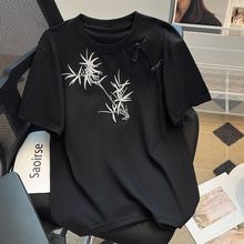 大码新中式国风竹子刺绣短袖t恤女夏季新款女装宽松显瘦盘扣上衣