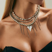 欧美跨境饰品 甜酷ins风金属爱心链条流苏项链 简约CCB串珠锁骨链
