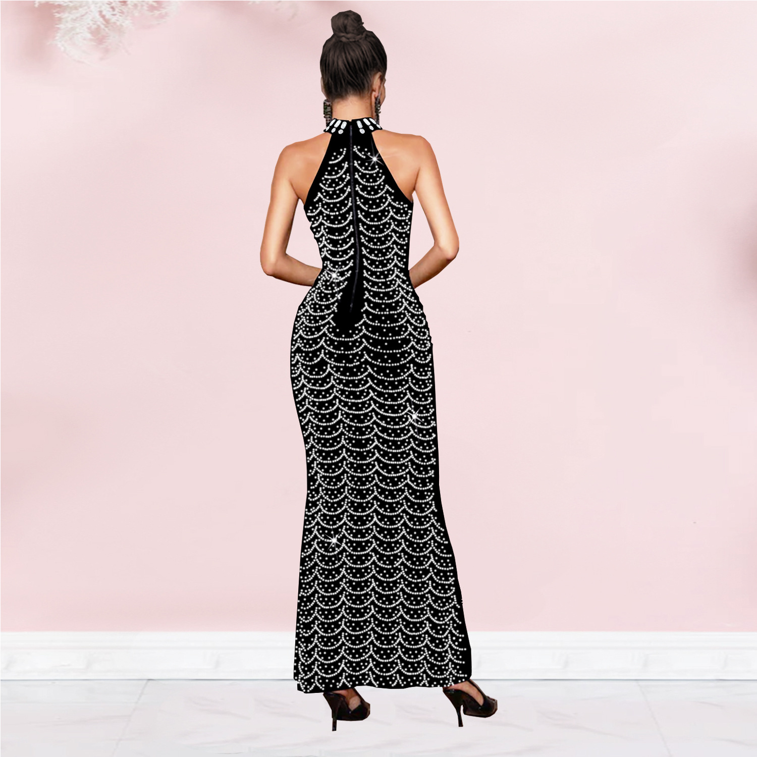 C7140 Aliexpress transfronterizo Amazon Europa y América de moda de mujer cuello elegante vestido de diamante largo delgado image 4