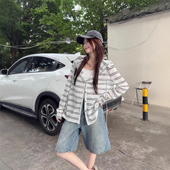 现货 早秋复古条纹韩系连帽外套女薄款长袖防晒开衫慵懒风宽松上
