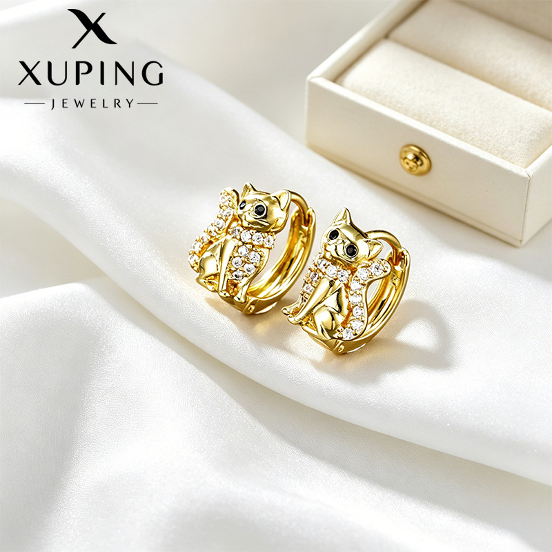 Pendientes de Aro con Orejas de Gato, Chapados en Oro de 14k, con Gemas Artificiales, Modernos y Elegantes de Xuping, Pendientes Versátiles de Lujo