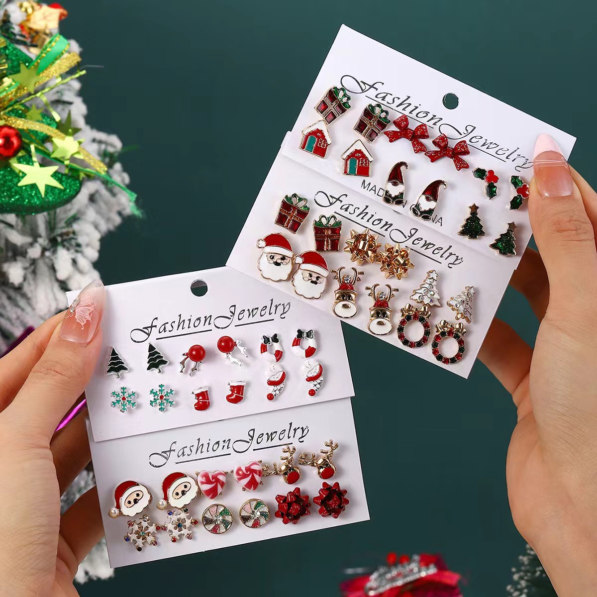 20g Weight Steel needle Ear Needle Material 1 Set Christmas IG Style Christmas Tree Santa Claus Elk Inlay Alloy Zircon Drop Earrings Ear Studs